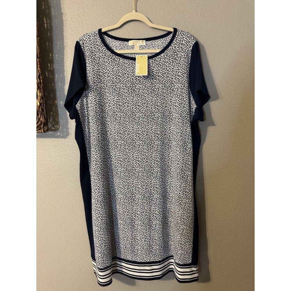 Michael Kors Shift Dress 2X Navy Blue Ivory White Short Sleeve Washable NEW - Picture 11 of 12